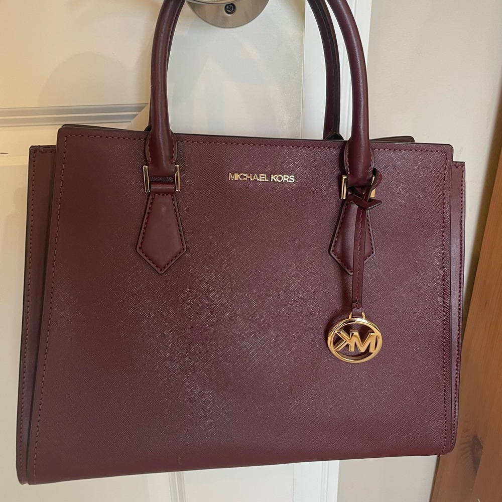 Michael Kors Wine Red Handbag with Gold Accents